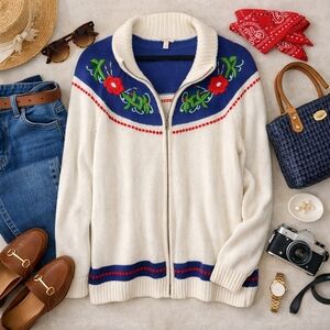 Talbots 2X Zip Cardigan Embroidered Floral Cotton Sweater